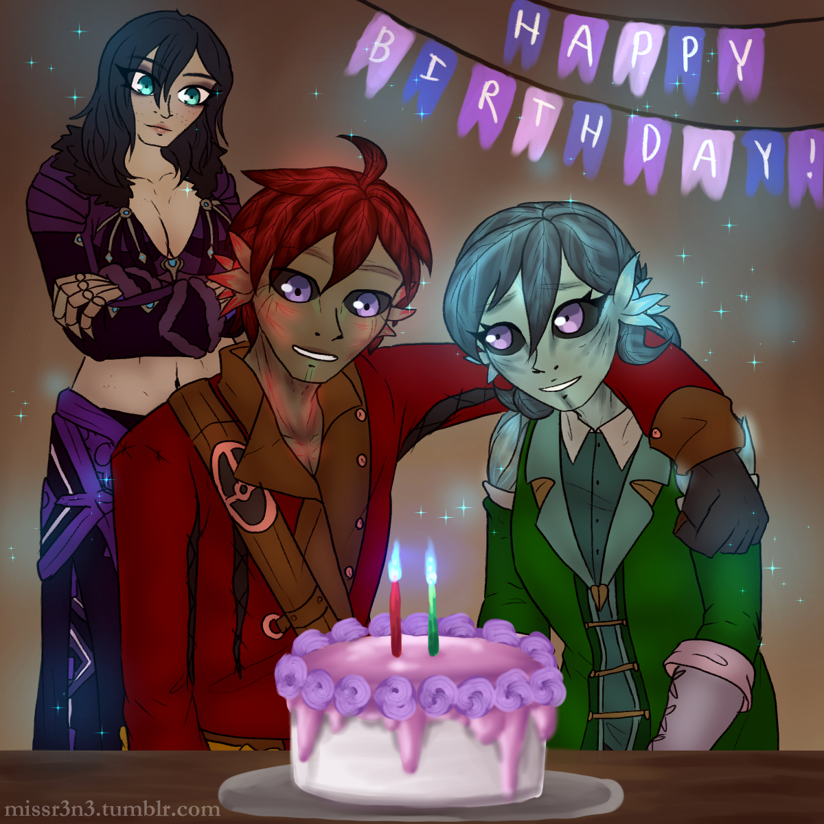 willow aldern and hazel aldern celebrate their birthday while laila aulikki watches over them. the twins are getting ready to blow out the candles on their pink and white birthday cake. blue sparkles from laila's mesmer magic are visible around the room